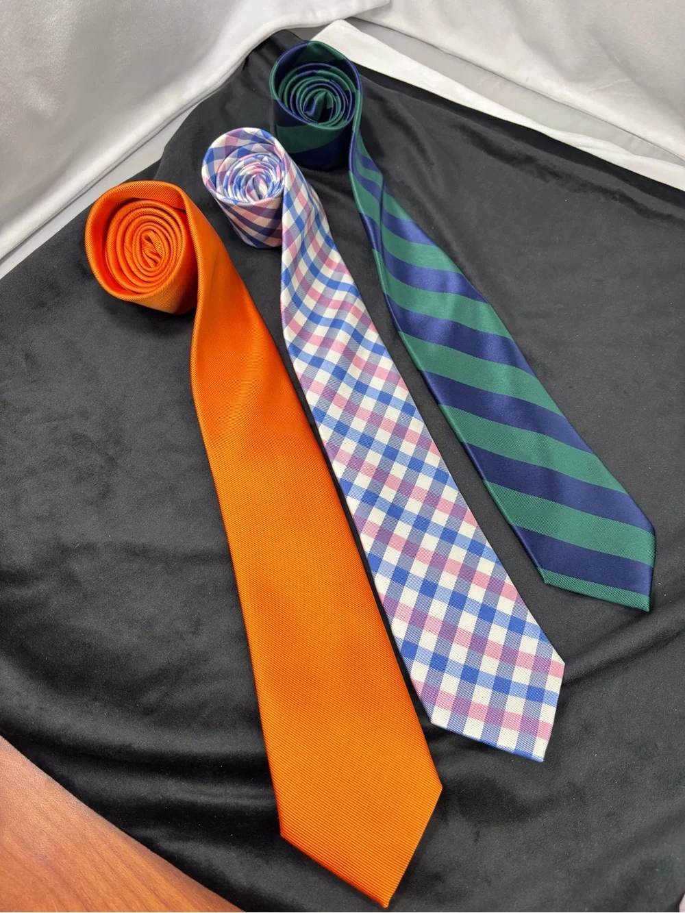 IZOD Men’s Necktie Lot of 3 – Orange, Plaid & Green/Navy Stripe Classic Ties